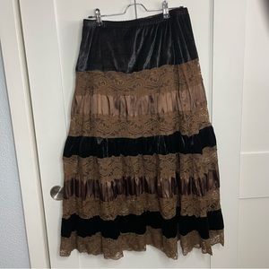 Black and Brown Lace, Velvet, Satin Maxi/Midi Patchy Peasant Boho Skirt